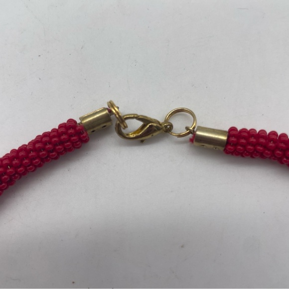 Kumihimo Japanese Beaded Choker Necklace Coral Red Gold Knot Handmade - Picture 7 of 10